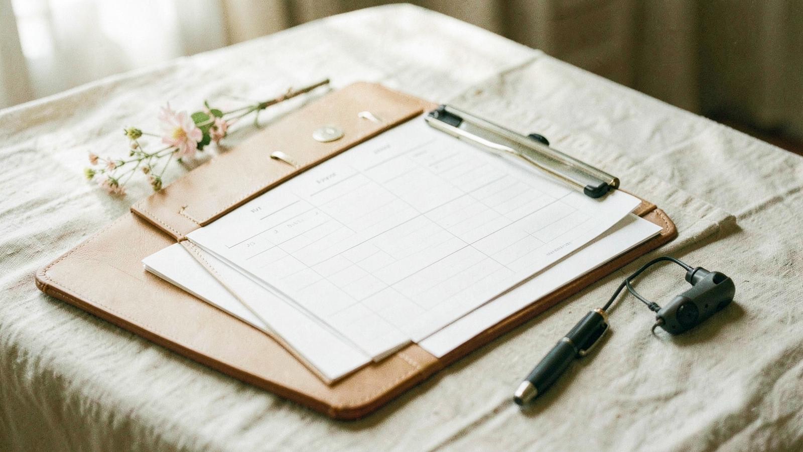 A wedding planner's leather binder and clipboard with a pen and radio earpiece