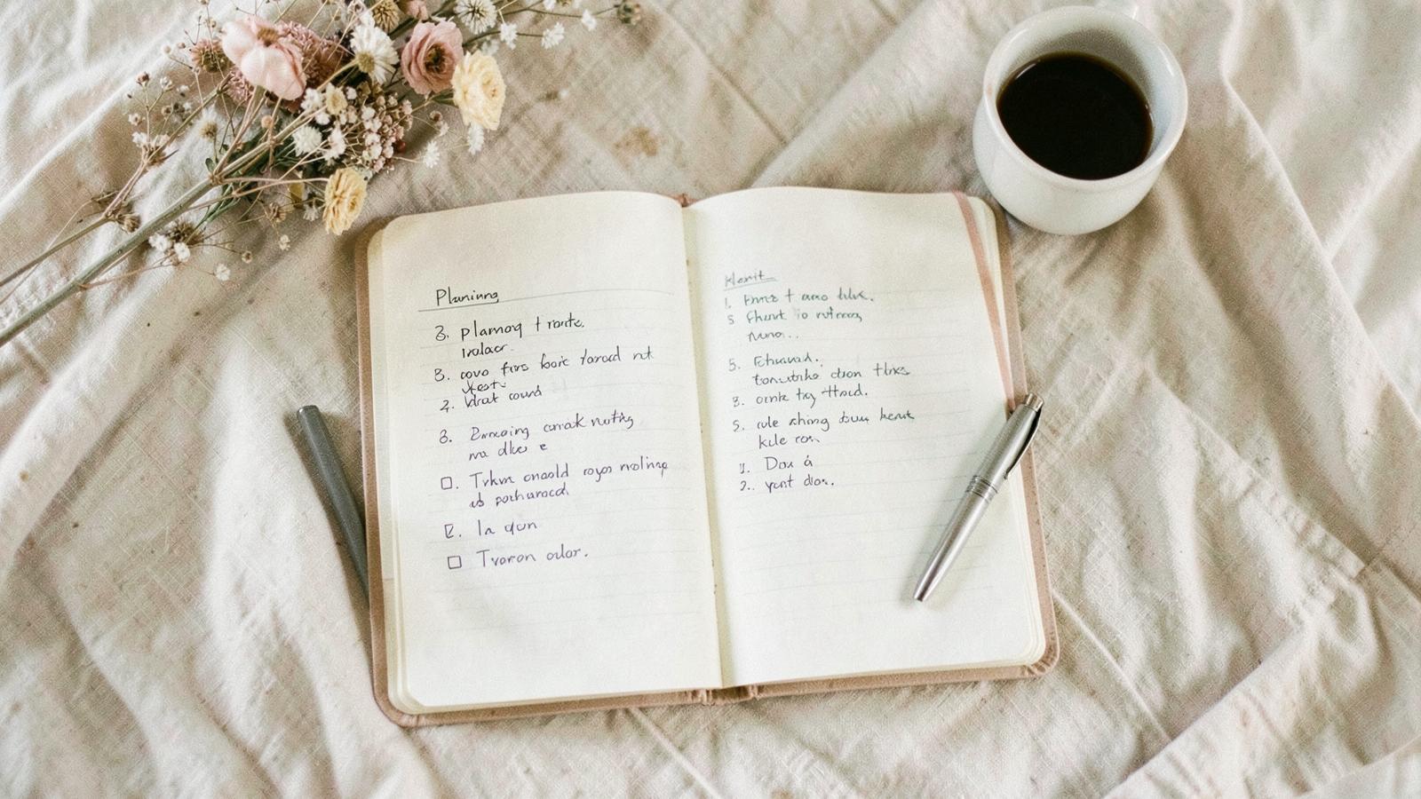 An open planning notebook with a handwritten checklist, pen and dried flowers on a linen table