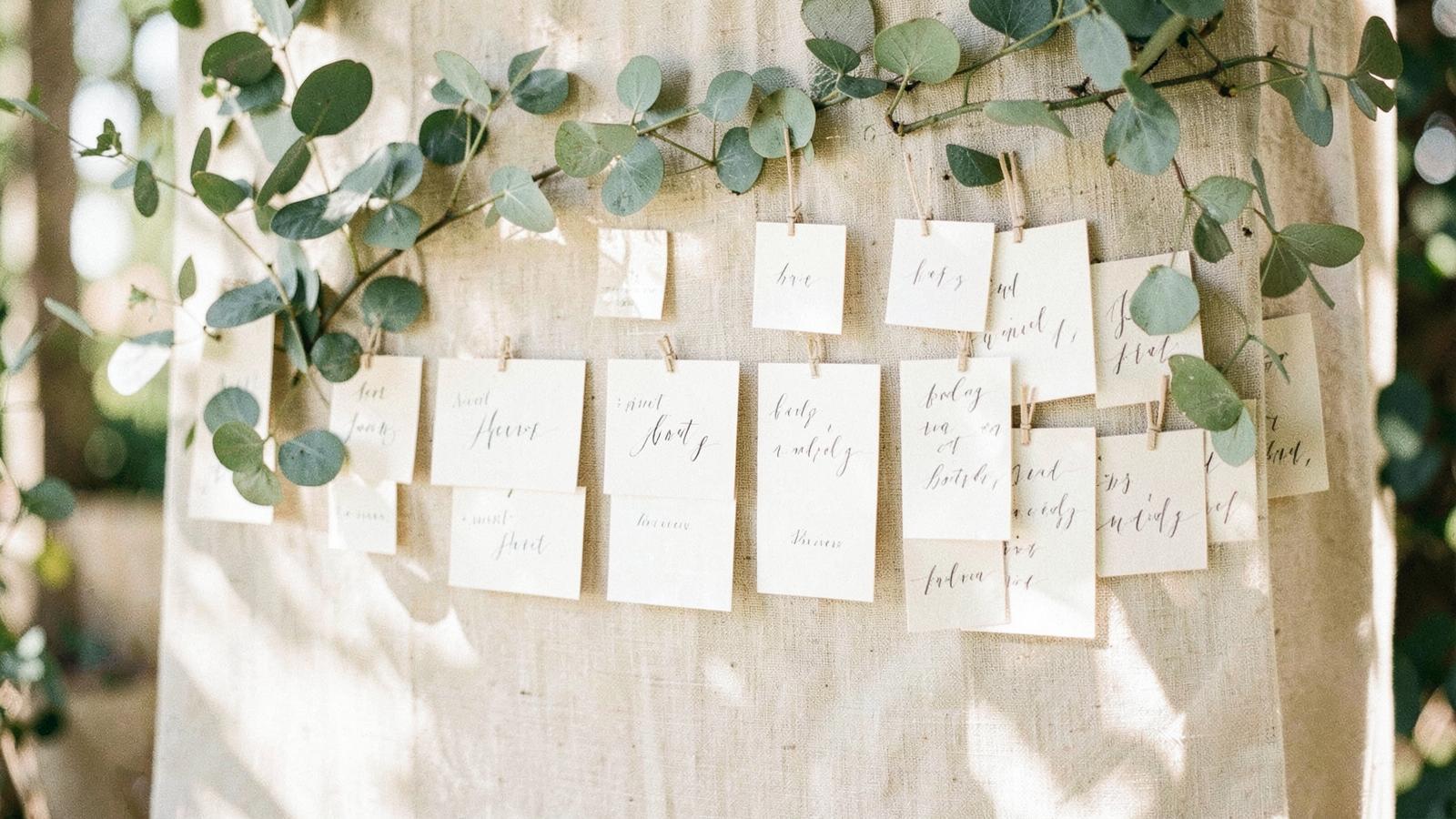 Calligraphy escort cards pegged to a linen backdrop trailing with eucalyptus