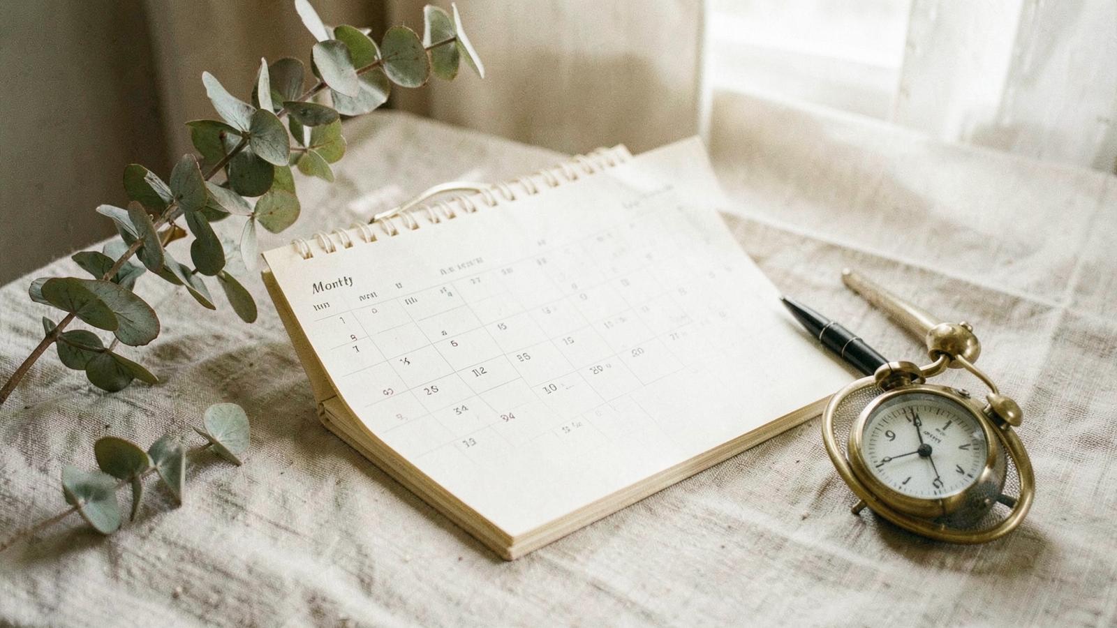 An open month-by-month calendar with eucalyptus, a pen and a brass clock