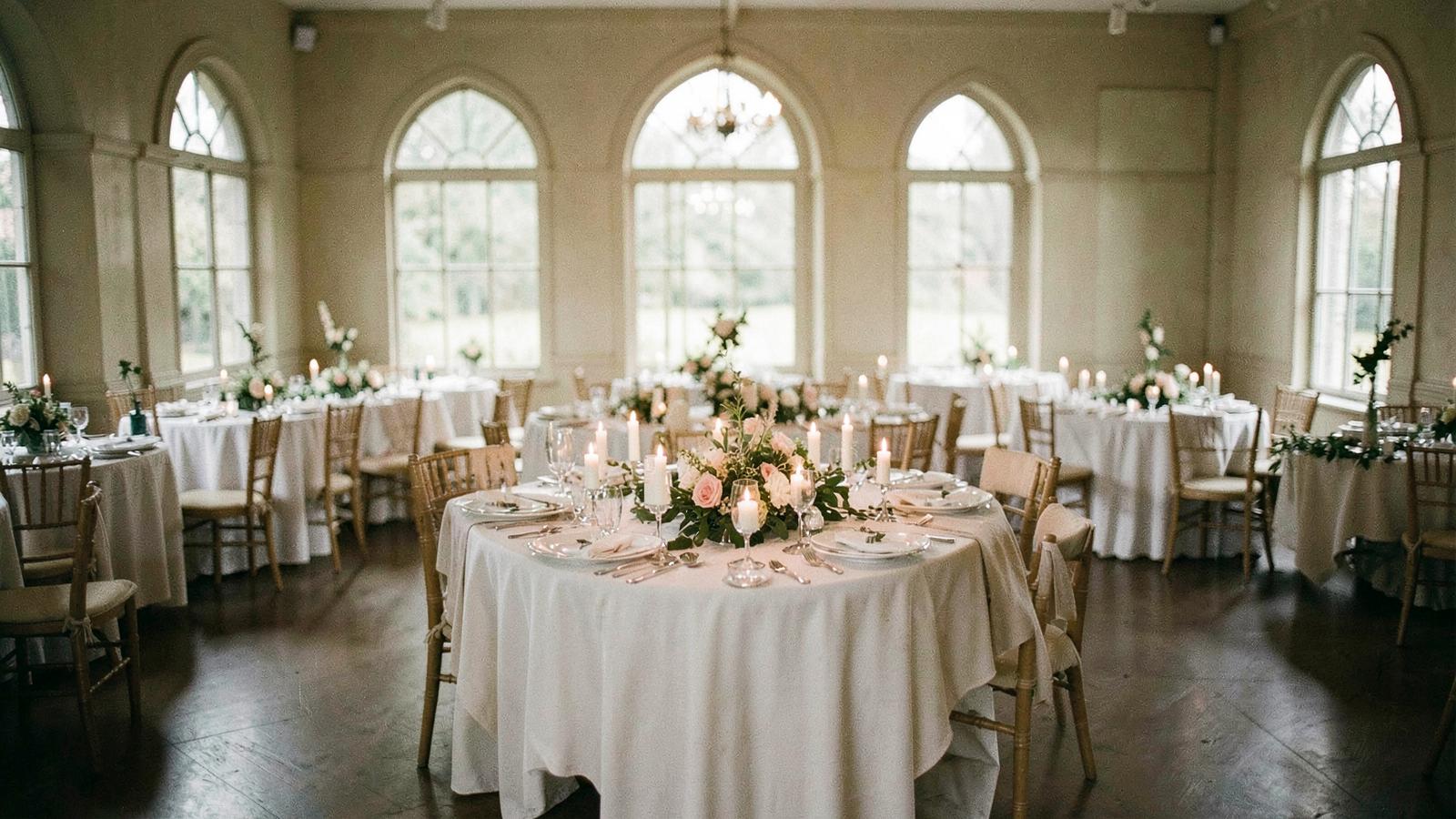 An elegant reception hall with arched windows, candlelit round tables and low floral centrepieces